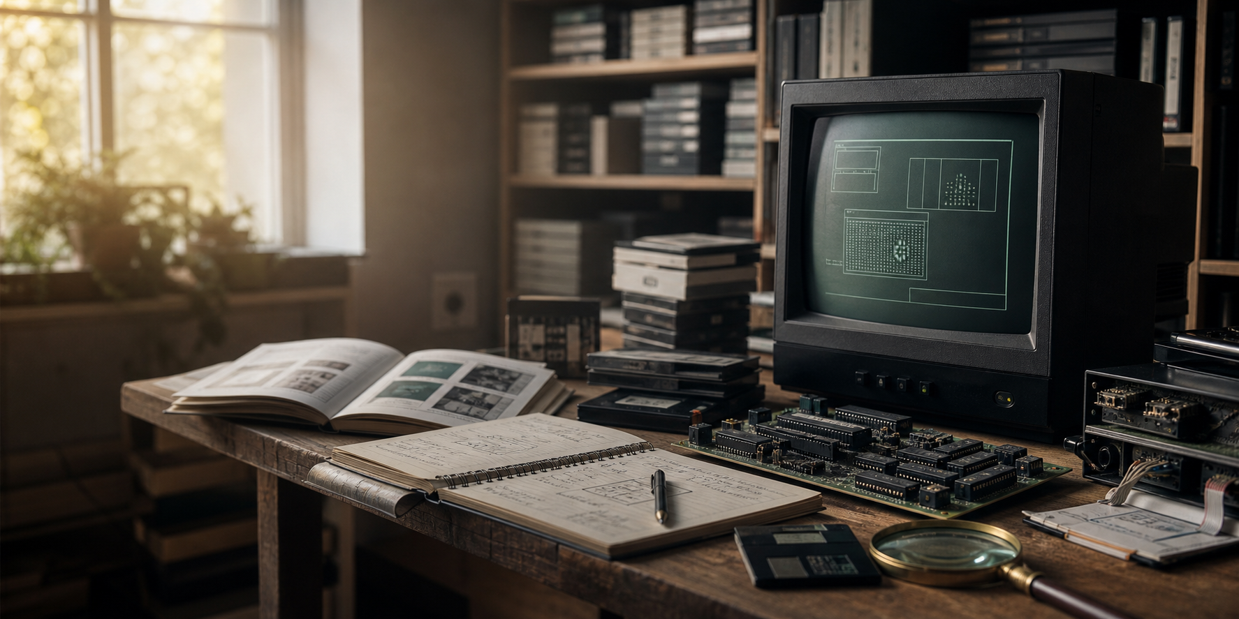 An archival desk with a vintage monitor, restoration notes, and preserved game materials.